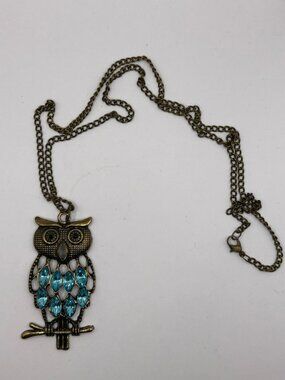 Vintage-Style Owl Pendant Necklace With Blue Gemstones & Antique Bronze Chain